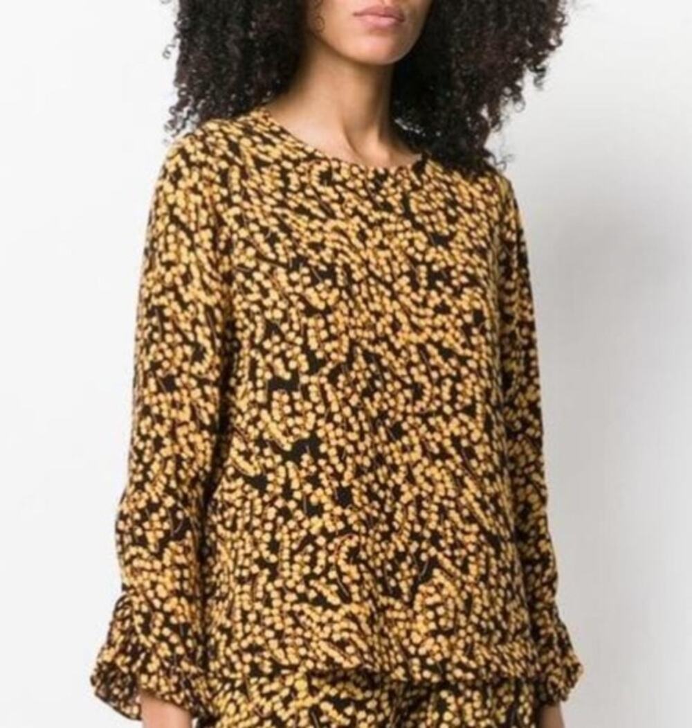 GANNI Goldstone Floral Print Crepe Blouse Size Large Black Yellow